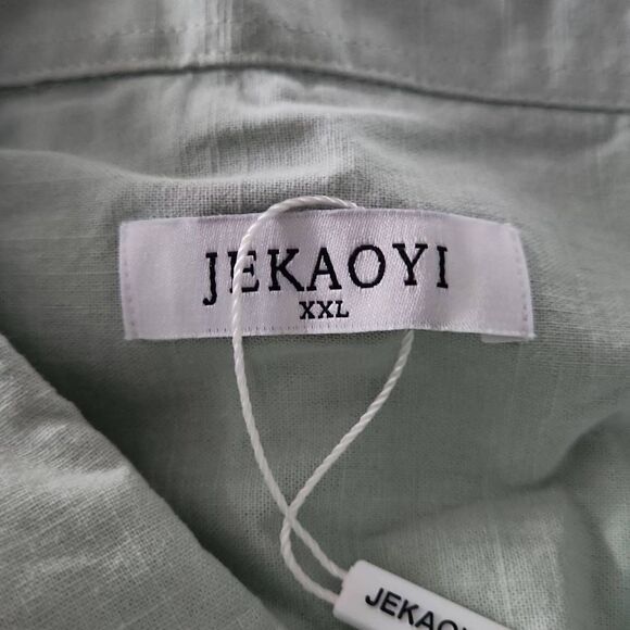 Jekaoyi Men's Size XXL Green Cotton Linen Blend Button Down Dress Shirt - Picture 5 of 6